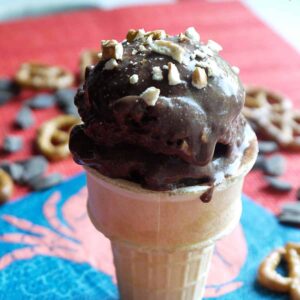 Chocolate ice cream in a sugar cone