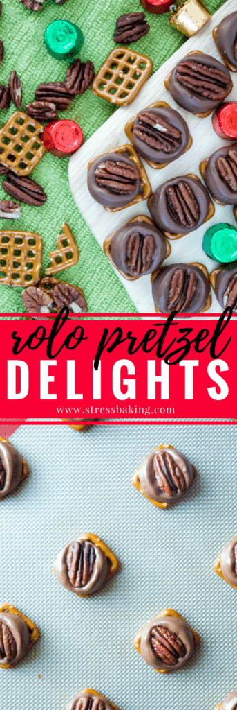 Rolo Pretzel Delights: Rolo Pretzel Delights are a super simple and quick holiday treat that only needs three ingredients: Pretzels, Rolos and pecans! | stressbaking.com