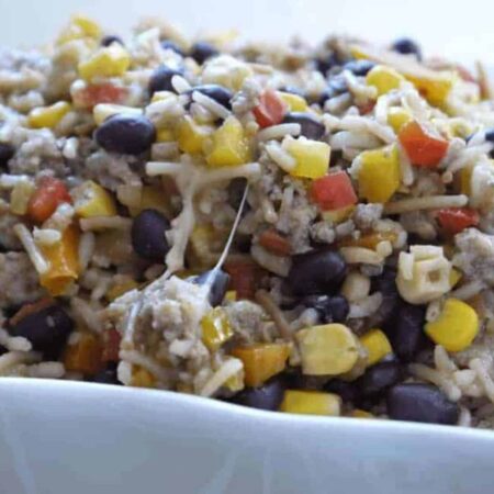 Stuffed pepper dip with rice, corn, beans and cheese