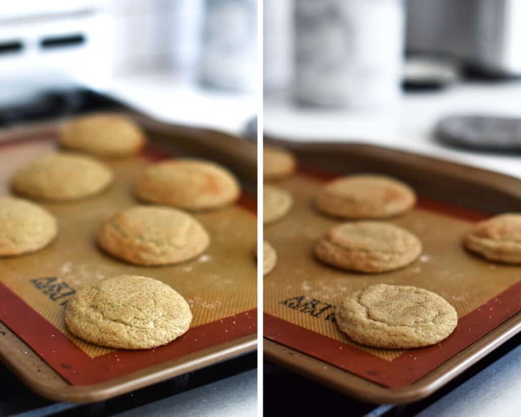 Snickerdoodles cooling on a baking bat