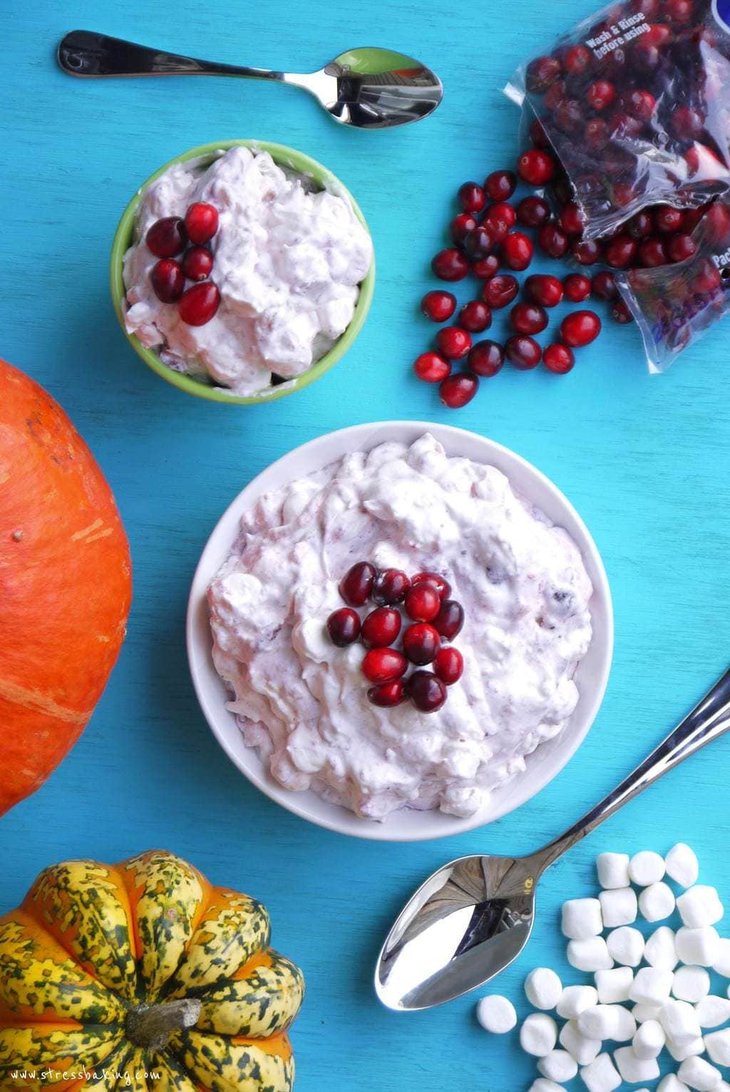 Cranberry Fluff: All you need are four ingredients to make this creamy, sweet and tangy no-bake dessert! | stressbaking.com #holidays #holidaydessert #easydessert #christmas #fluff #christmasdessert