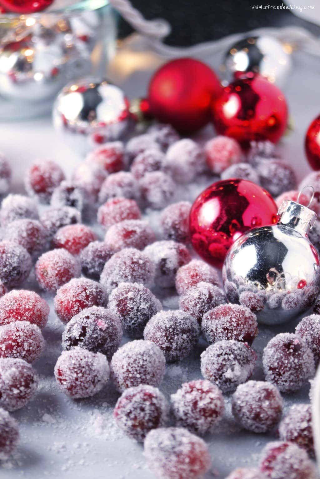 Sugared Cranberries: Tart cranberries rolled in sugar make for a simple, 2-ingredient, no-bake snack for the holidays! It's also perfect as a garnish for all your holiday treats. | stressbaking.com