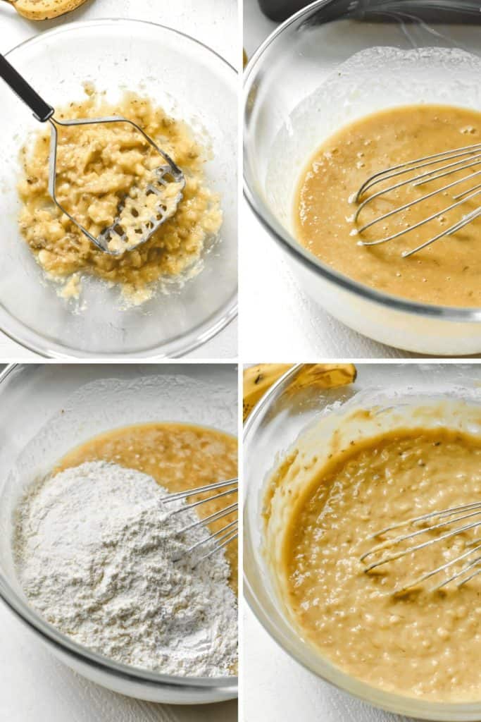 Four photo collage showing the process of making banana bread batter