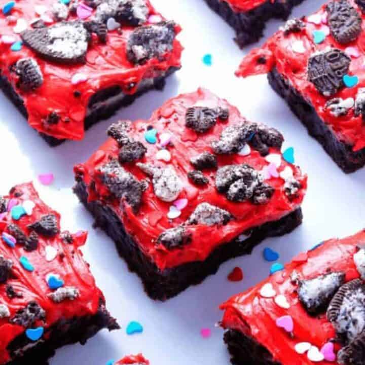 Oreo Stuffed Brownies with Red Velvet Frosting