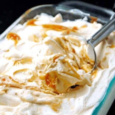 Vanilla ice cream with swirls of golden caramel