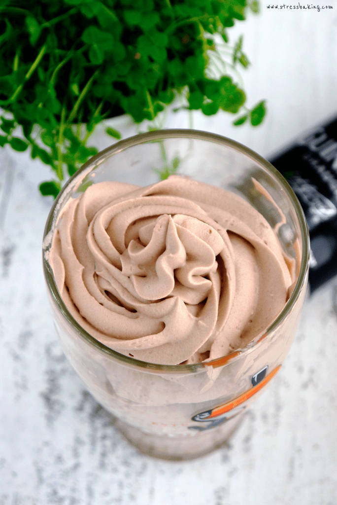 Chocolate Guinness Whipped Cream: Unbelievably creamy chocolate whipped cream with a subtle yet distinctive flavor of Guinness malt. Looks just like the foamy head on a pint! This boozy whipped cream will be your new favorite! | stressbaking.com