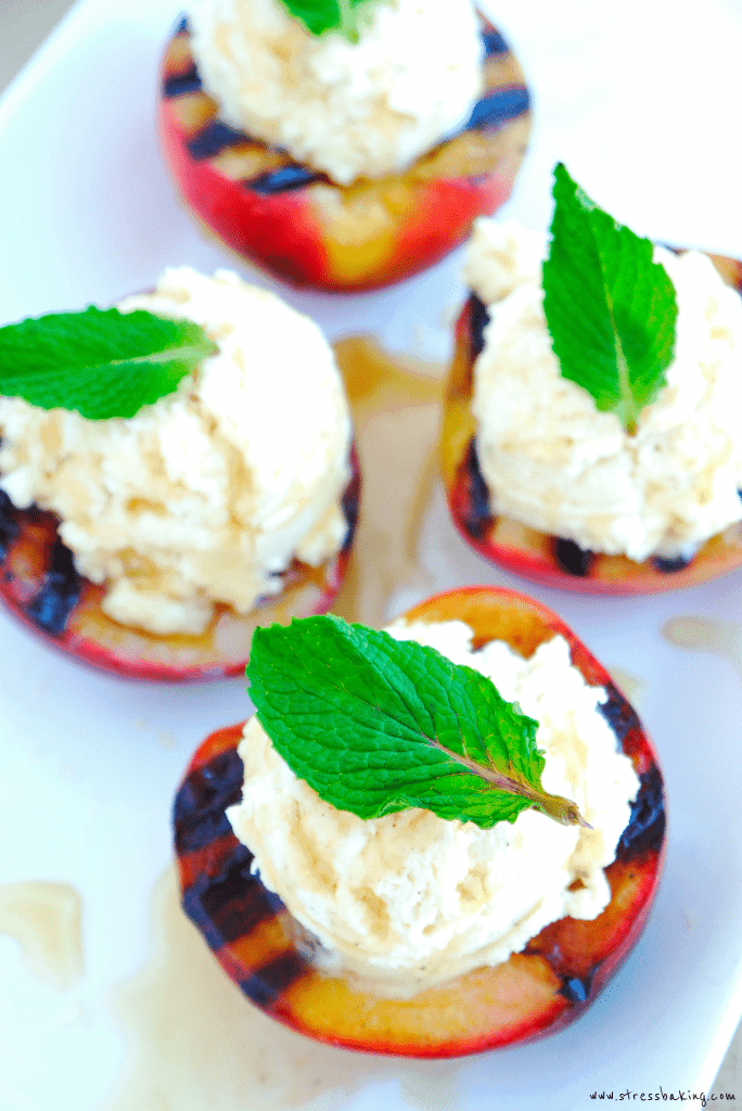Grilled Peaches with Cinnamon Mascarpone Whipped Cream and Honey