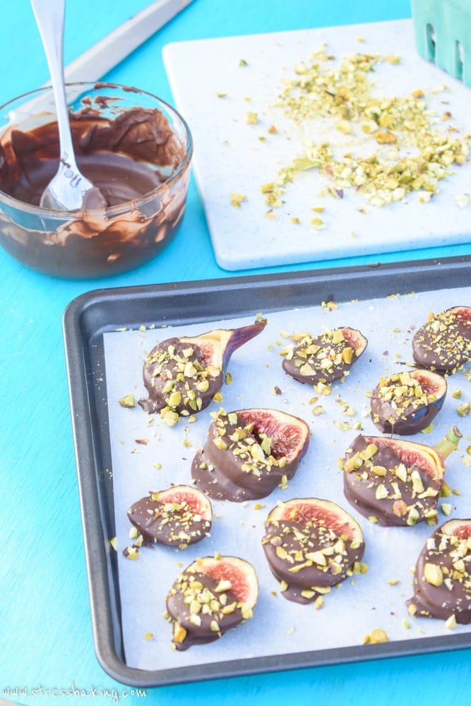 Dark Chocolate Covered Figs: Sweet, syrupy figs are gently dipped in dark chocolate for a perfectly light dessert! | stressbaking.com