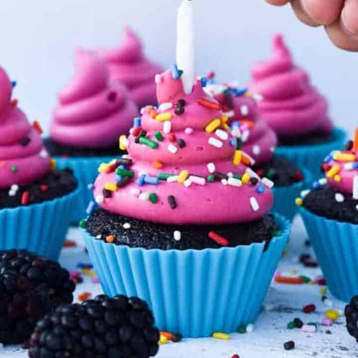 Chocolate cupcake with bright pink frosting and sprinkles