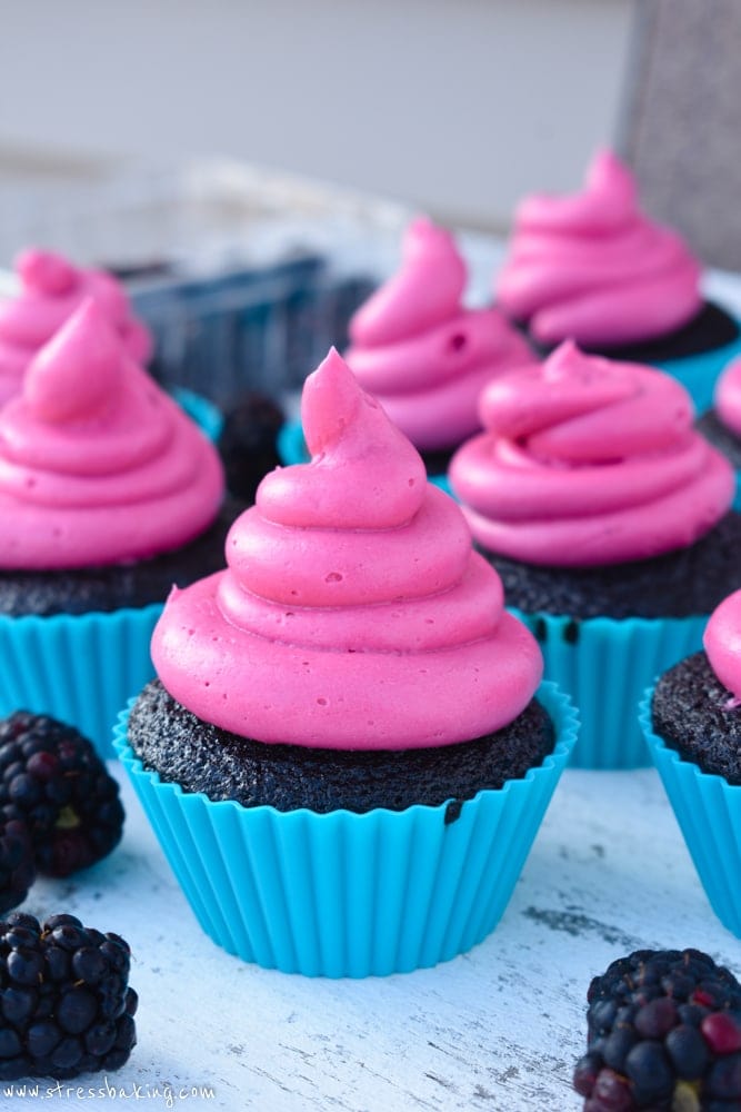 Red Wine Chocolate Cupcakes with Pink Blackberry Buttercream Frosting