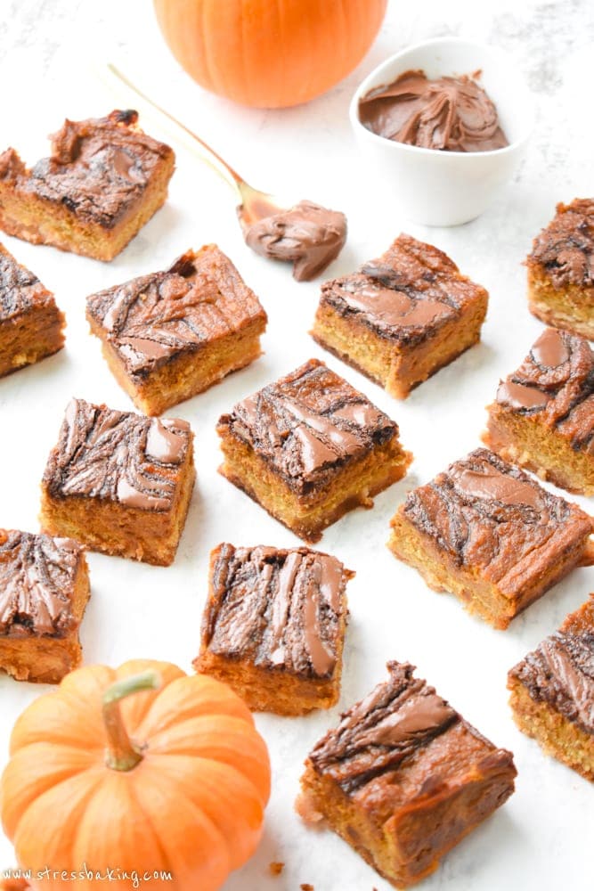A white counter full of Nutella Swirled Pumpkin Pie Bars and pumpkins
