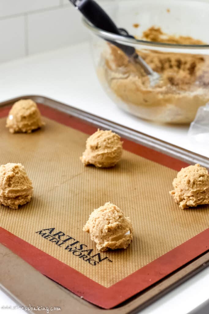 Fluffernutter cookie dough balls on a baking sheet