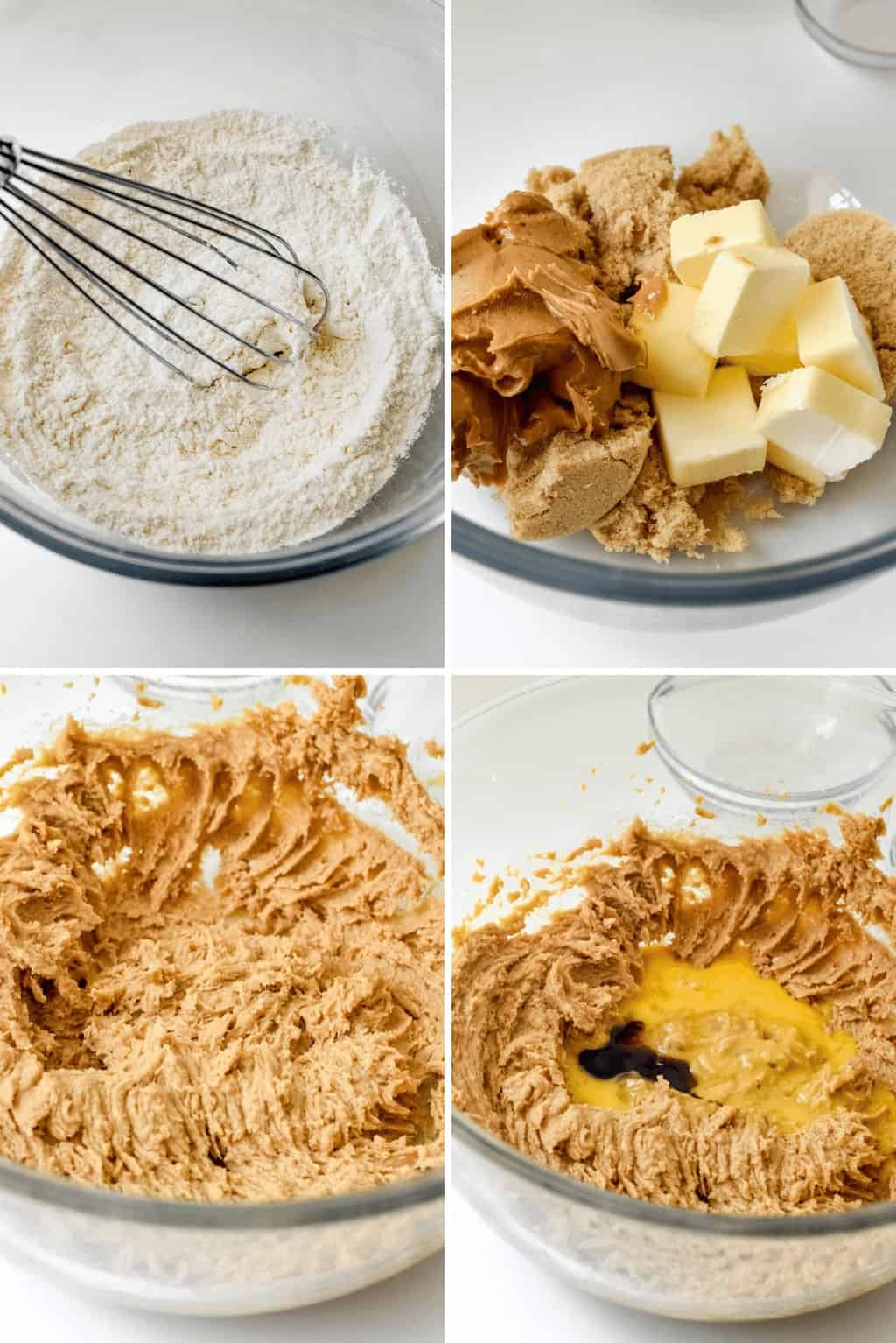Four photo collage showing the process of making peanut butter cookie dough