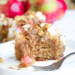 Paleo Apple Cinnamon Coffee Cake: Moist cake is packed with apple cider flavor and topped with a cinnamon apple crumb topping! | stressbaking.com