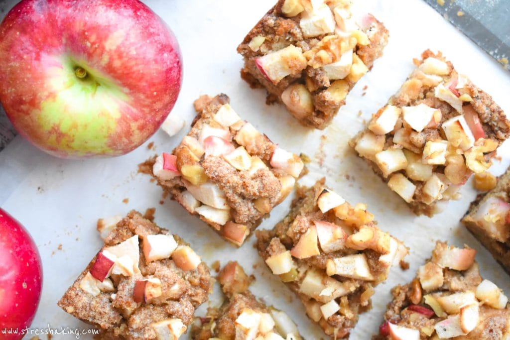 Paleo Apple Cinnamon Coffee Cake: Moist cake is packed with apple cider flavor and topped with a cinnamon apple crumb topping! | stressbaking.com
