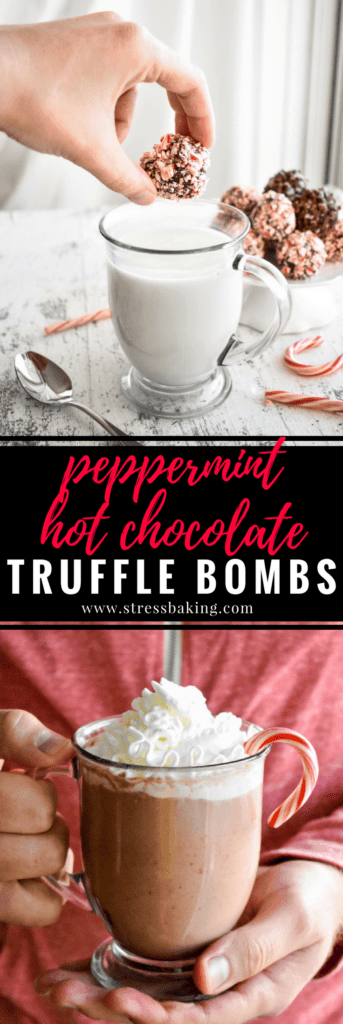 Peppermint Hot Chocolate Truffle Bombs: These festive little chocolate truffles are just waiting to be dropped in a mug of hot milk to create creamy and delicious peppermint mocha hot chocolate! | stressbaking.com #stressbaking #holidays #christmas #peppermint #hotchocolate