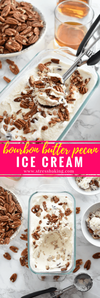 Bourbon Butter Pecan Ice Cream: Light, soft vanilla ice cream with a hint of bourbon flavor and loaded with buttery, sweet, roasted pecans. | stressbaking.com #icecream #boozydessert #boozy #butterpecan