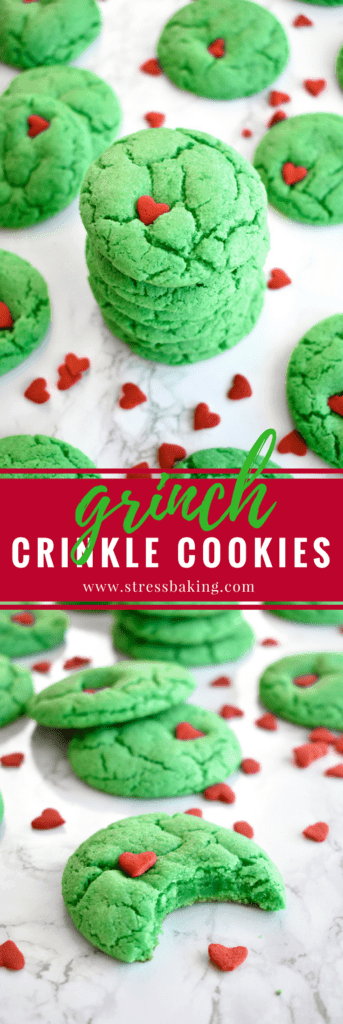 Grinch Crinkle Cookies: Festive, cakey cookies that bear a strong resemblance to a certain Christmas Grinch! | stressbaking.com #stressbaking #christmas #holidays #grinch #christmascookies