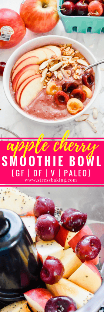 Apple Cherry Smoothie Bowl: Dark cherries are paired with sweet apple for a smoothie that's refreshing and filling - the perfect breakfast choice that's easy to make and customize! Gluten free, dairy free, paleo and vegan. | stressbaking.com @stressbaking #sponsored #eatapples #smoothie #smoothiebowl #breakfast #glutenfree #dairyfree #vegan #paleo