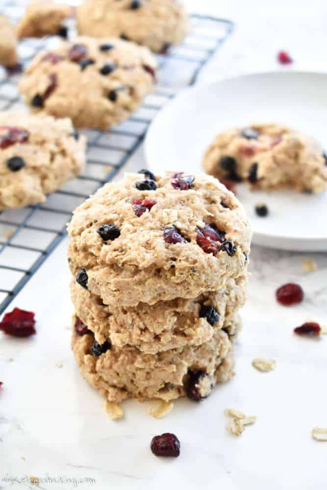 A stack of Paleo Banana Berry Breakfast Cookies on a white counter