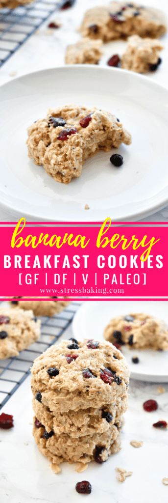 Paleo Banana Berry Breakfast Cookies: Super soft, chewy banana cookies filled with dried berries - perfect for a grab and go breakfast! Gluten free, dairy free, and refined sugar free. #glutenfree #dairyfree #refinedsugarfree #cookies #breakfast #breakfastcookies #healthybreakfast #grabandgo #paleo