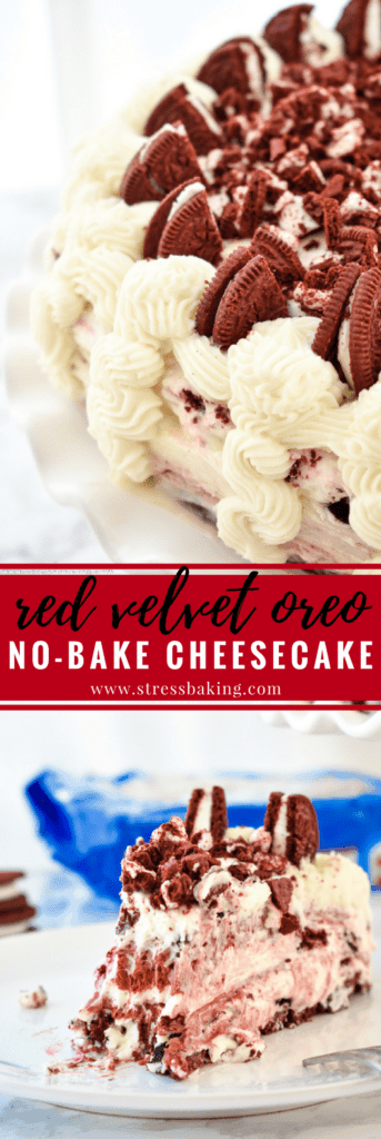 Red Velvet Oreo No-Bake Cheesecake: Supremely rich and creamy cheesecake filled with red velvet and Oreo flavors atop a Red Velvet Oreo crust. No baking required! | stressbaking.com #stressbaking #redvelvet #cheesecake #oreo #nobake #dessert #valentinesday