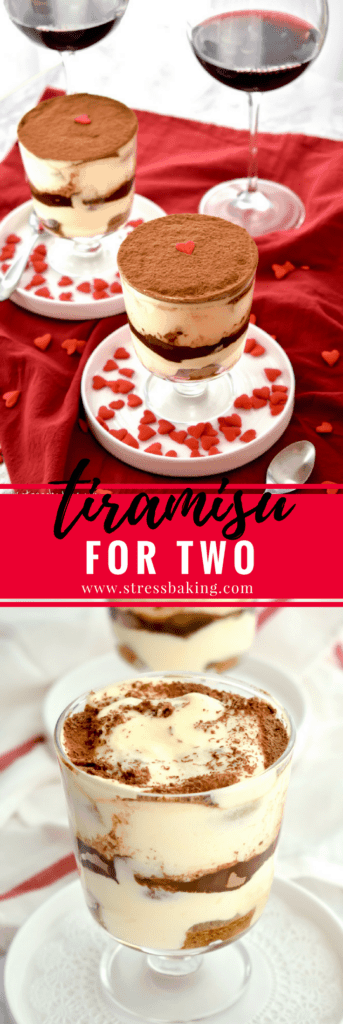 Tiramisu for Two: Creamy, rich layers bursting with the flavors of espresso and liqueur - made especially for two! The perfect romantic Valentine's Day dessert! | stressbaking.com #valentinesday #tiramisu #dessert #trifle