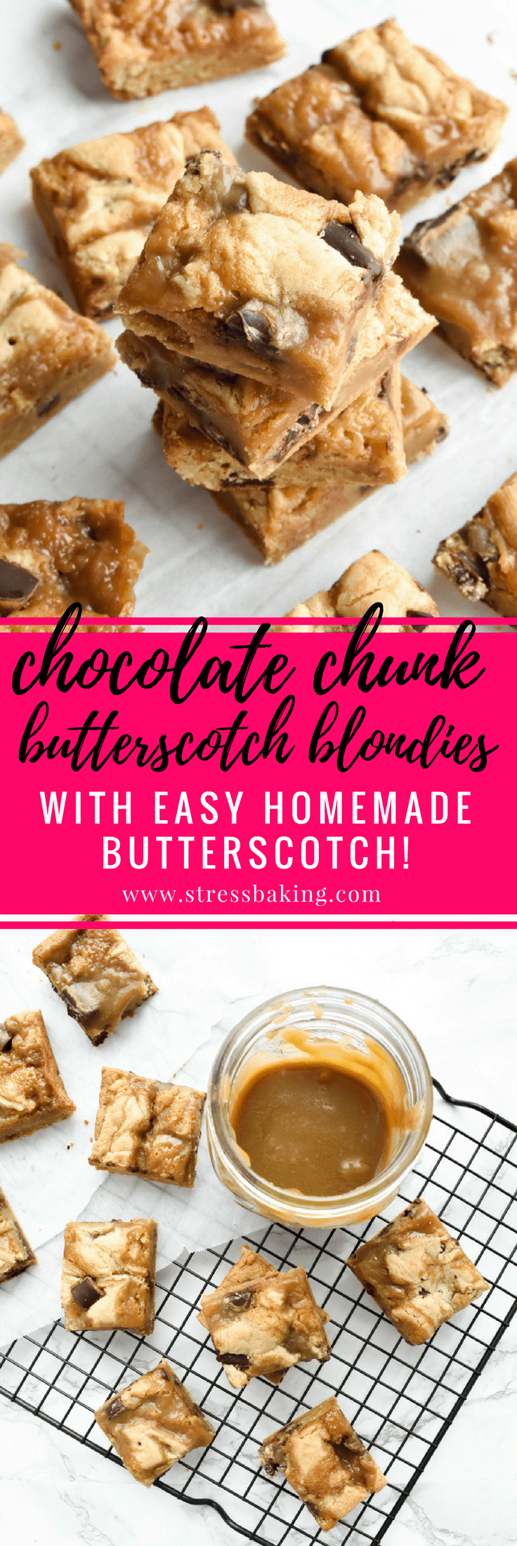 Chocolate Chunk Butterscotch Blondies: Soft and chewy blondie bars loaded with dark chocolate chunks and ribbons of gooey, rich, homemade salted butterscotch. | stressbaking.com @stressbaking #stressbaking #blondies #chocolate #chocolatechunk #butterscotch #dessert #recipe