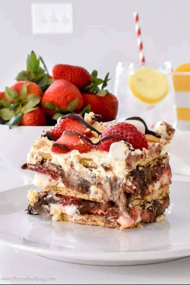 A slice of No Bake Strawberry S'mores Icebox Cake