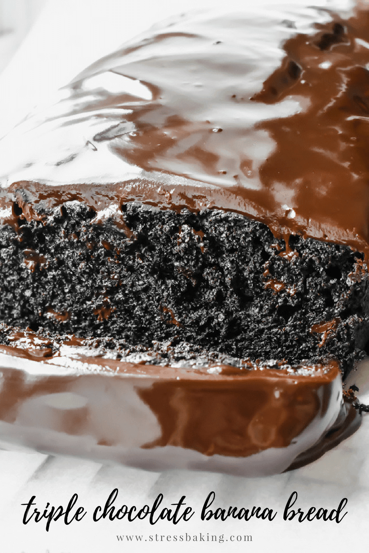 Triple Chocolate Banana Bread: This isn't the kind of banana bread you're going to serve at breakfast - save this banana bread for dessert! This decadent triple chocolate banana bread is super chocolatey without being overly sweet thanks to cocoa powder, chocolate chips, and a thick layer of chocolate ganache. If you like bananas, chocolate, and easy desserts, you're going to LOVE this! | stressbaking.com #stressbaking #dessert #bananabread #decadent #chocolate #easyrecipe