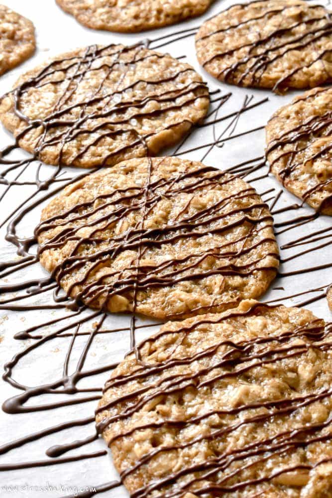 Oatmeal Lace Cookies drizzled with dark chocolate
