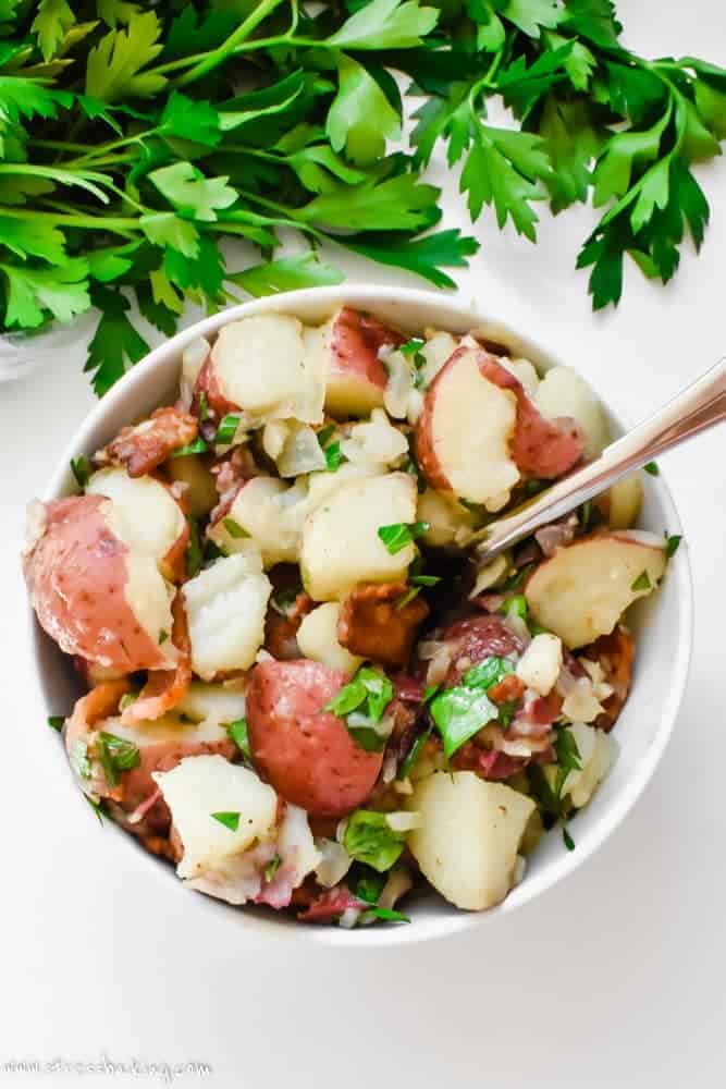 My favorite traditional German potato salad dressed with a dijon vinegar dressing and served warm. The perfect cold weather side dish!