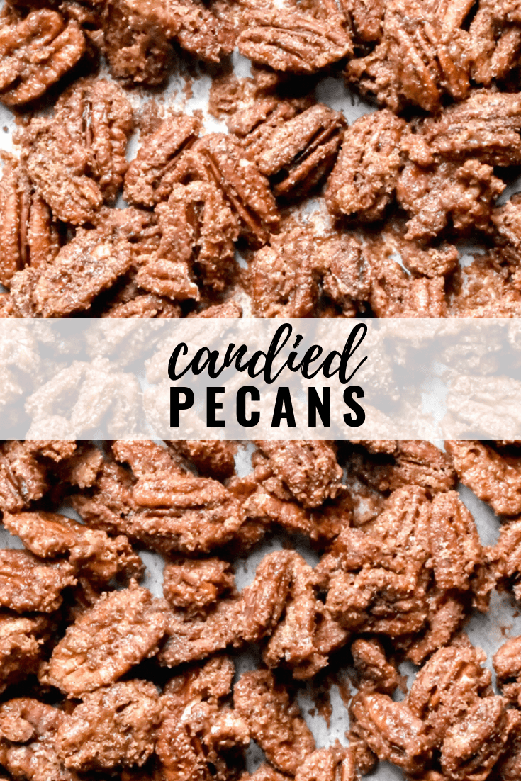 Candied Pecans: An easy gift for the holidays! Sweet and flavored with cinnamon and sugar, these candied pecans are an addicting snack that's perfect for a crowd. | stressbaking.com #stressbaking @stressbaking #pecans #snack #holidays #cinnamonsugar