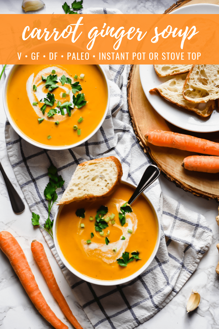 Carrot Ginger Soup: This carrot ginger soup makes for an easy, healthy and heartwarming winter dish! It's creamy with a subtle spicy kick of ginger, gluten free, dairy free, sugar free and perfect for those on a paleo diet. Includes directions for making in an Instant Pot as well as on your stove top. | stressbaking.com @stressbaking #stressbaking #instantpot #vegan #vegetarian #glutenfree #dairyfree #paleo #soup #easyrecipe #winter #winterecipe #healthy #sugarfree #realfood #slowcooker