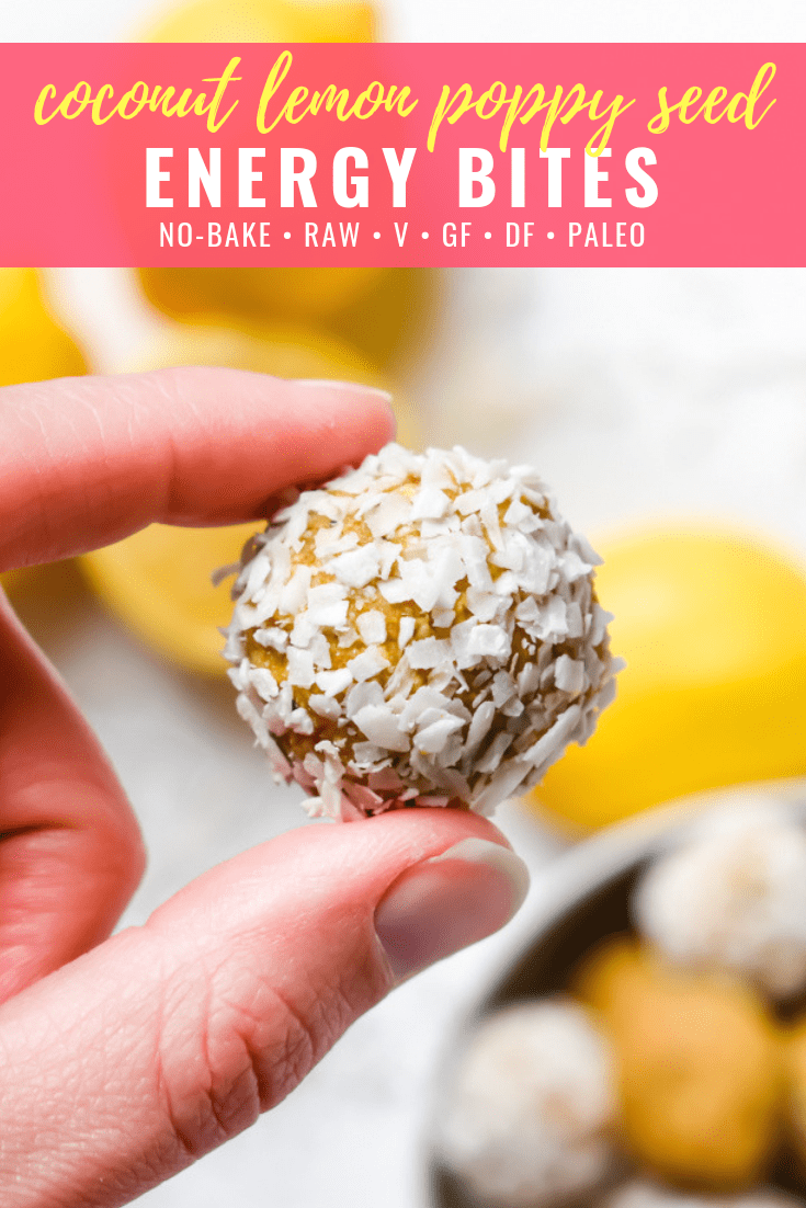 Coconut Lemon Poppy Seed Energy Bites: An easy bite-sized, naturally sweetened snack packed with coconut and lemon flavors and dotted with poppy seeds. No bake, raw, gluten free, dairy free, paleo and vegan! | stressbaking.com @stressbaking #stressbaking #raw #nobake #paleo #glutenfree #dairyfree #vegan #snack #easyrecipe #healthy #noaddedsugar #refinedsugarfree #lemon