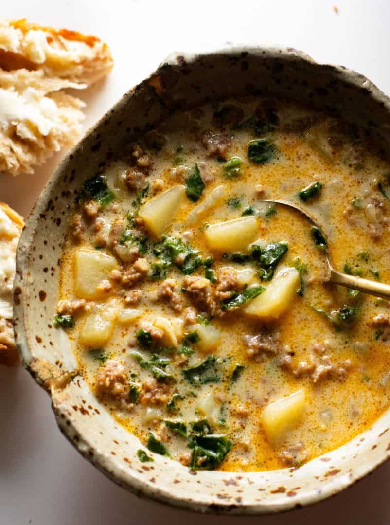 Hearty bowl of zuppa toscana soup from Pinch of Yum