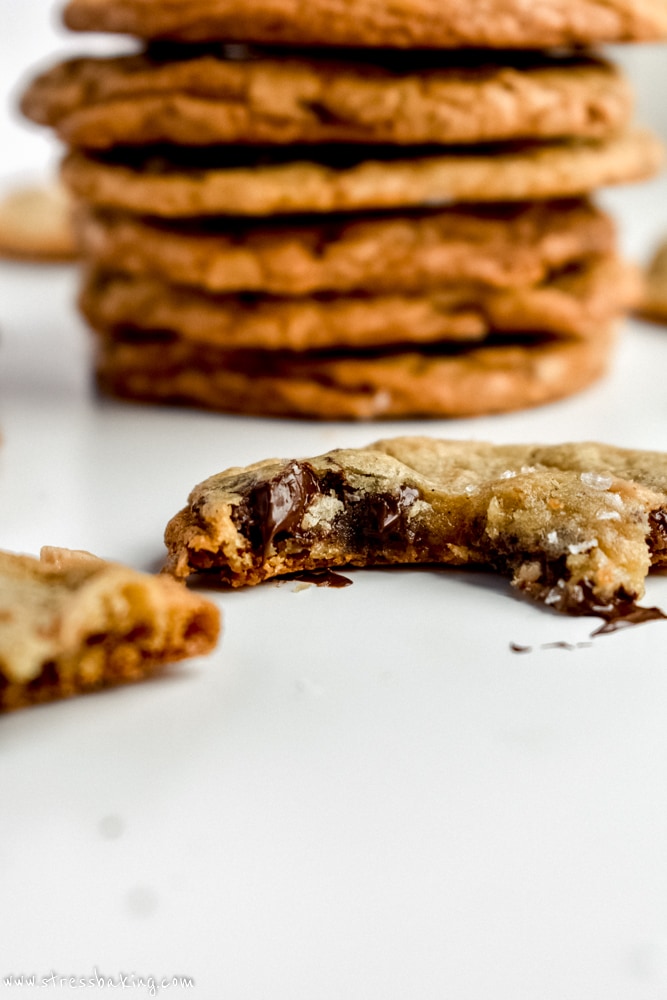 A closeup of the inside of a Salted Brown Butter Toffee Chocolate Chunk Cookies
