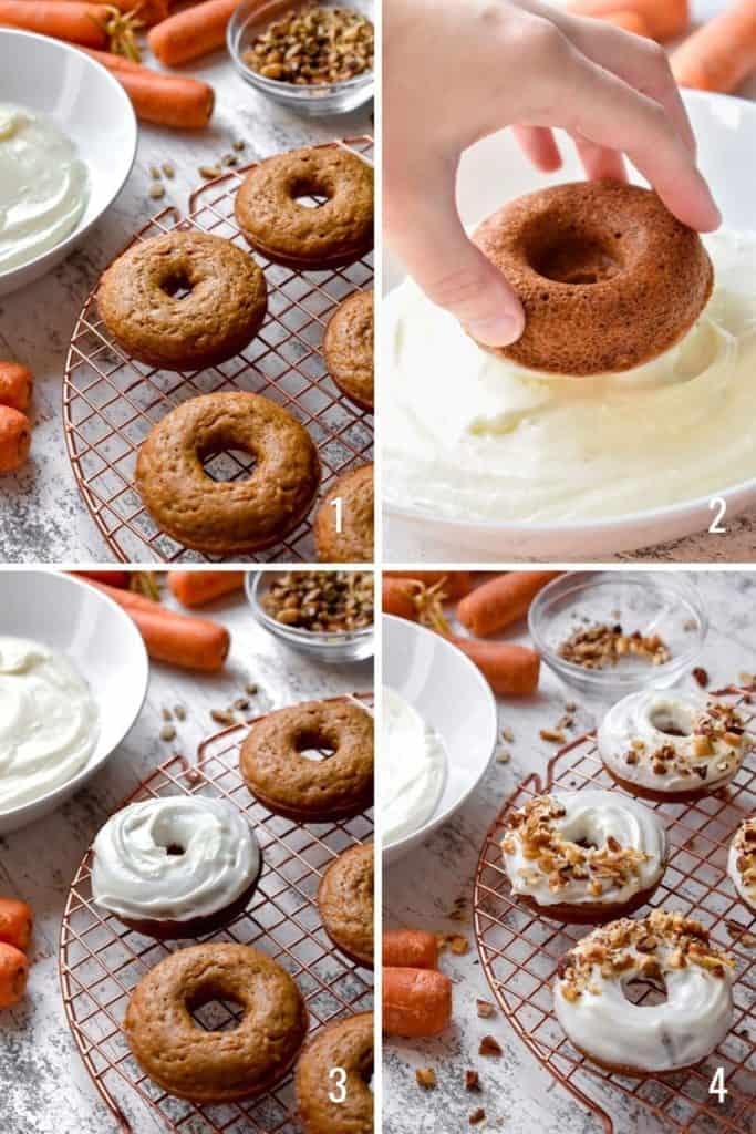 Four photo collage of dipping donuts in cream cheese frosting and topping with nuts