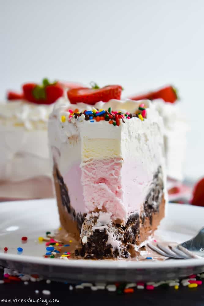 A slice of Neapolitan Crunch Ice Cream Cake showing all the layers