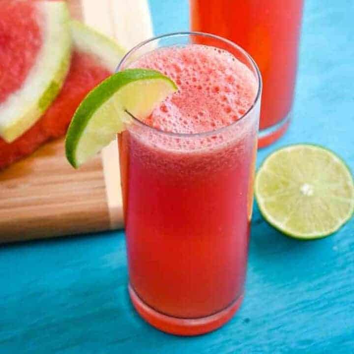 Watermelon agua fresca with a lime wedge