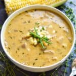 Instant Pot Corn Chowder in a white bowl