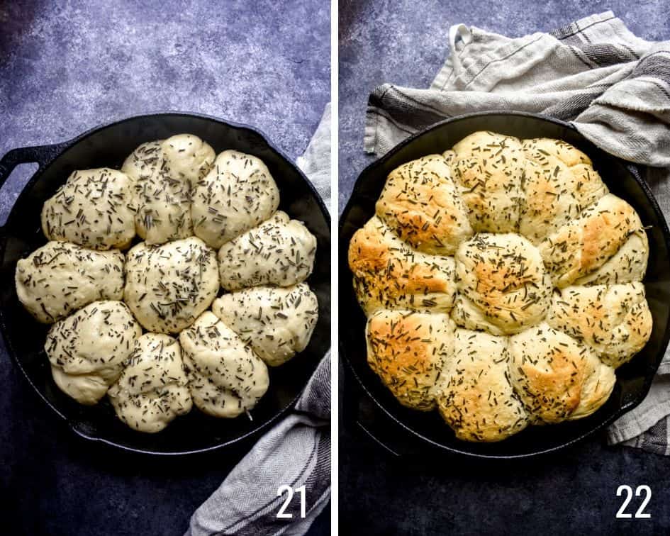 Dinner rolls shown before they're cooked and after when they are golden brown