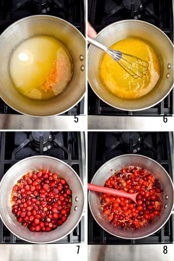 Four photo collage showing how to cook cranberry sauce