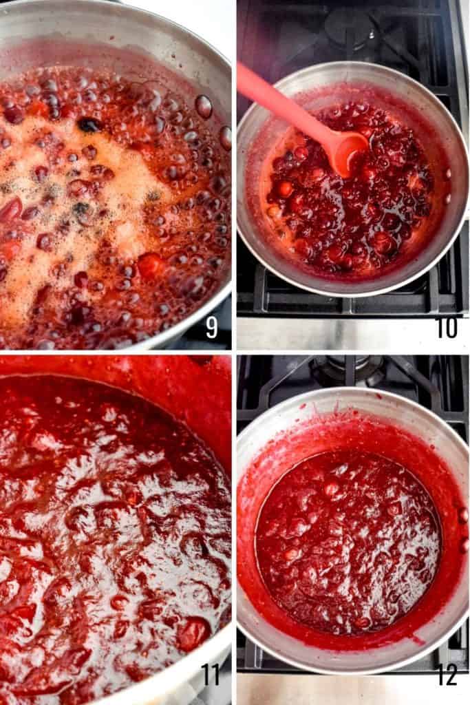 Four photo collage showing how to simmer cranberries for cranberry sauce