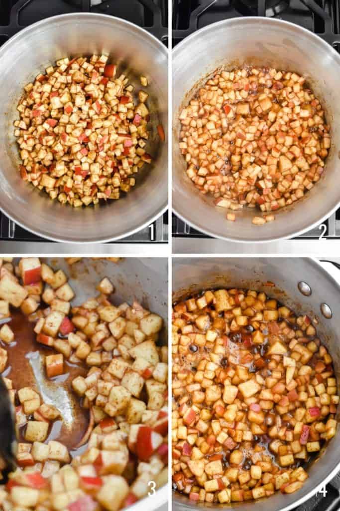 Four photo collage of diced apples cooking in a pot