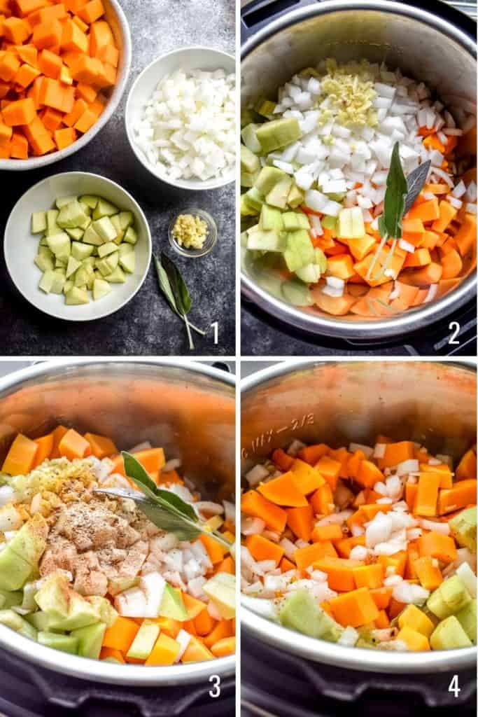 Four photo collage showing how to prep vegetables and spices for soup