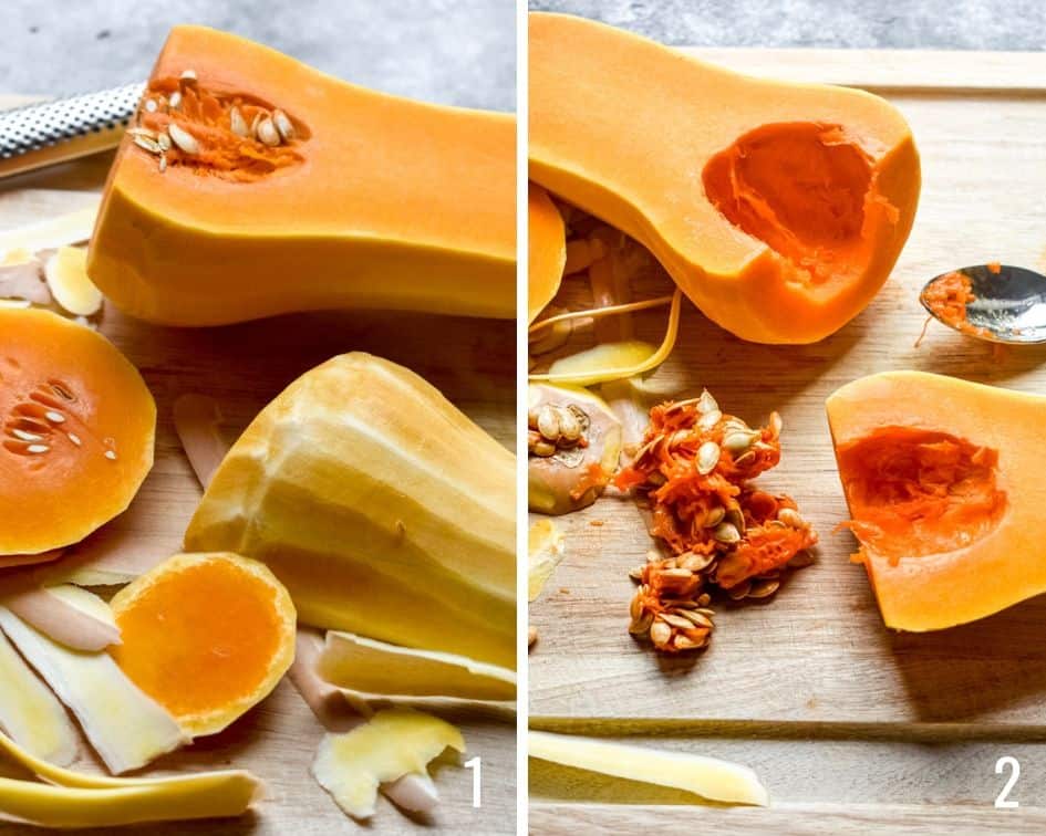 Two photos showing how to peel, cut and remove seeds from a butternut squash