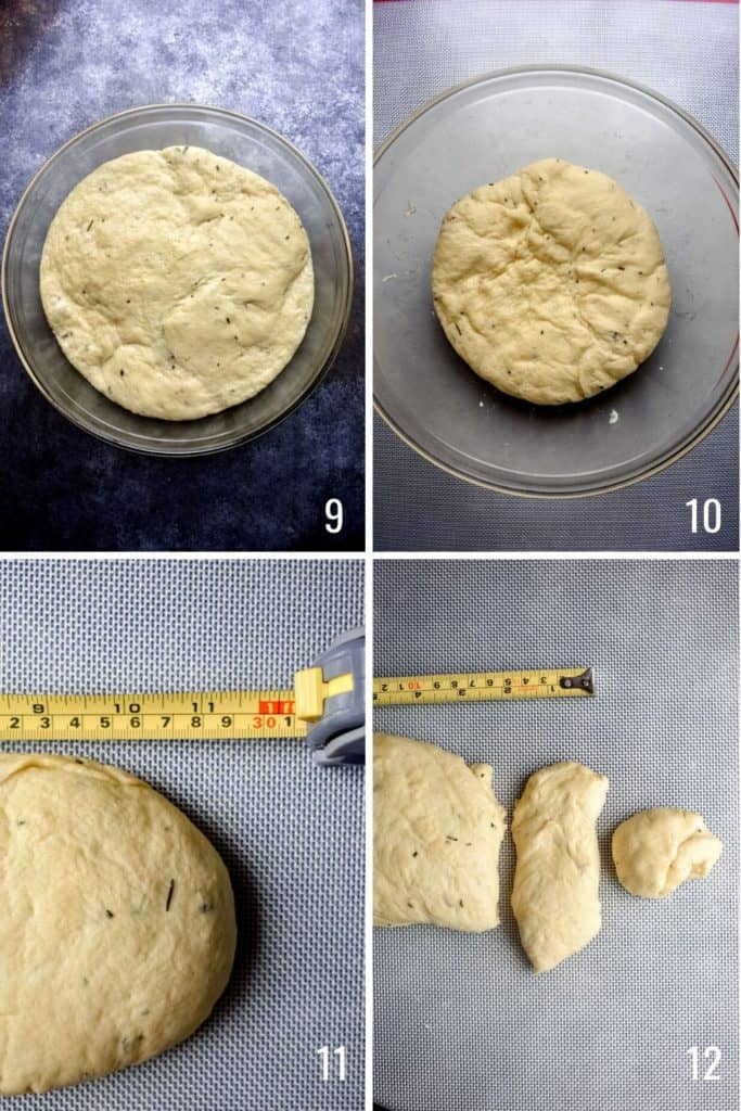 Four photo collage showing steps to punch down dinner roll dough and cut it
