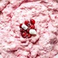 Overhead shot of vibrant pink cranberry fluff topped with marshmallows and cranberries