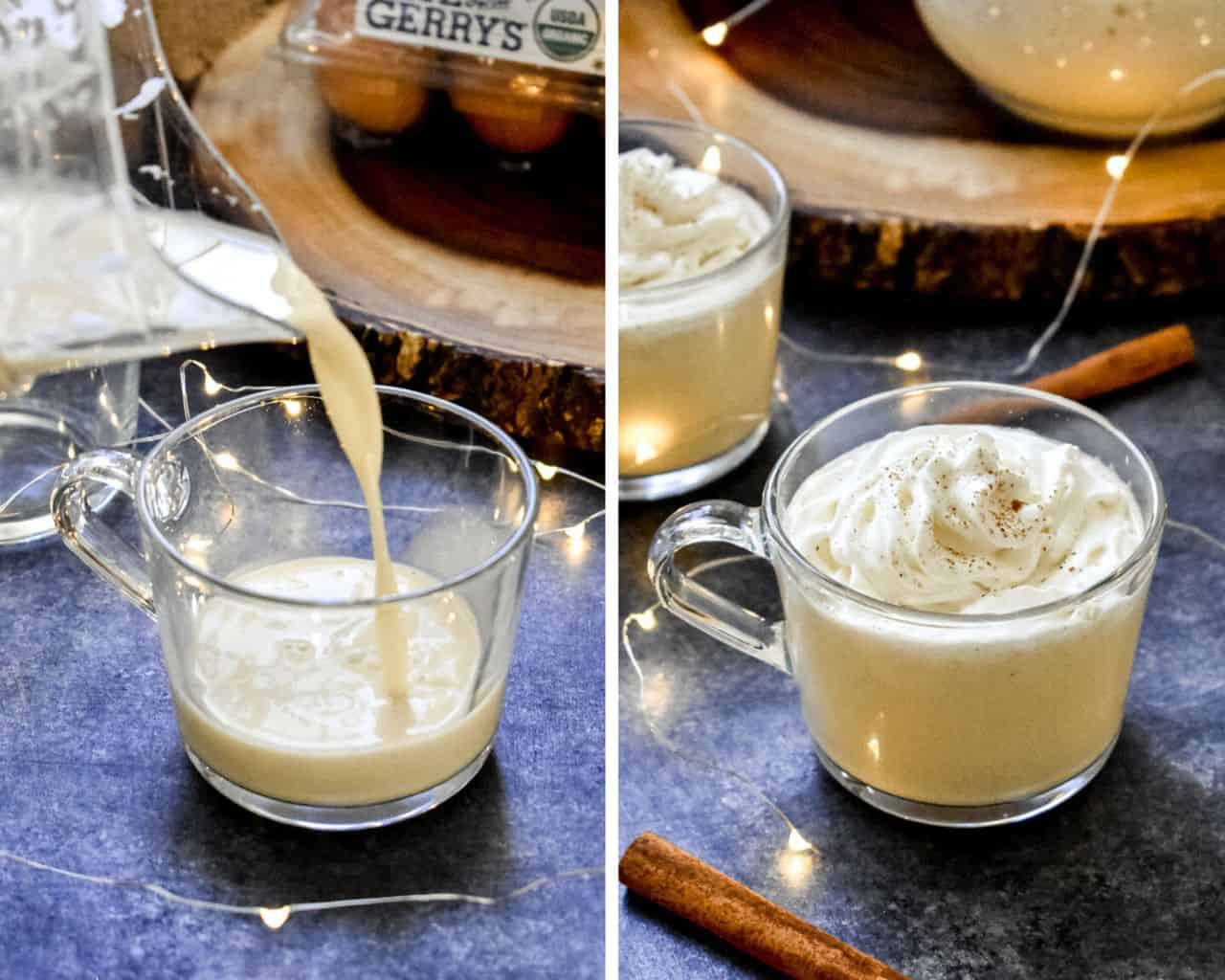 Side by side photos of eggnog being poured into a clear mug and topped with whipped cream
